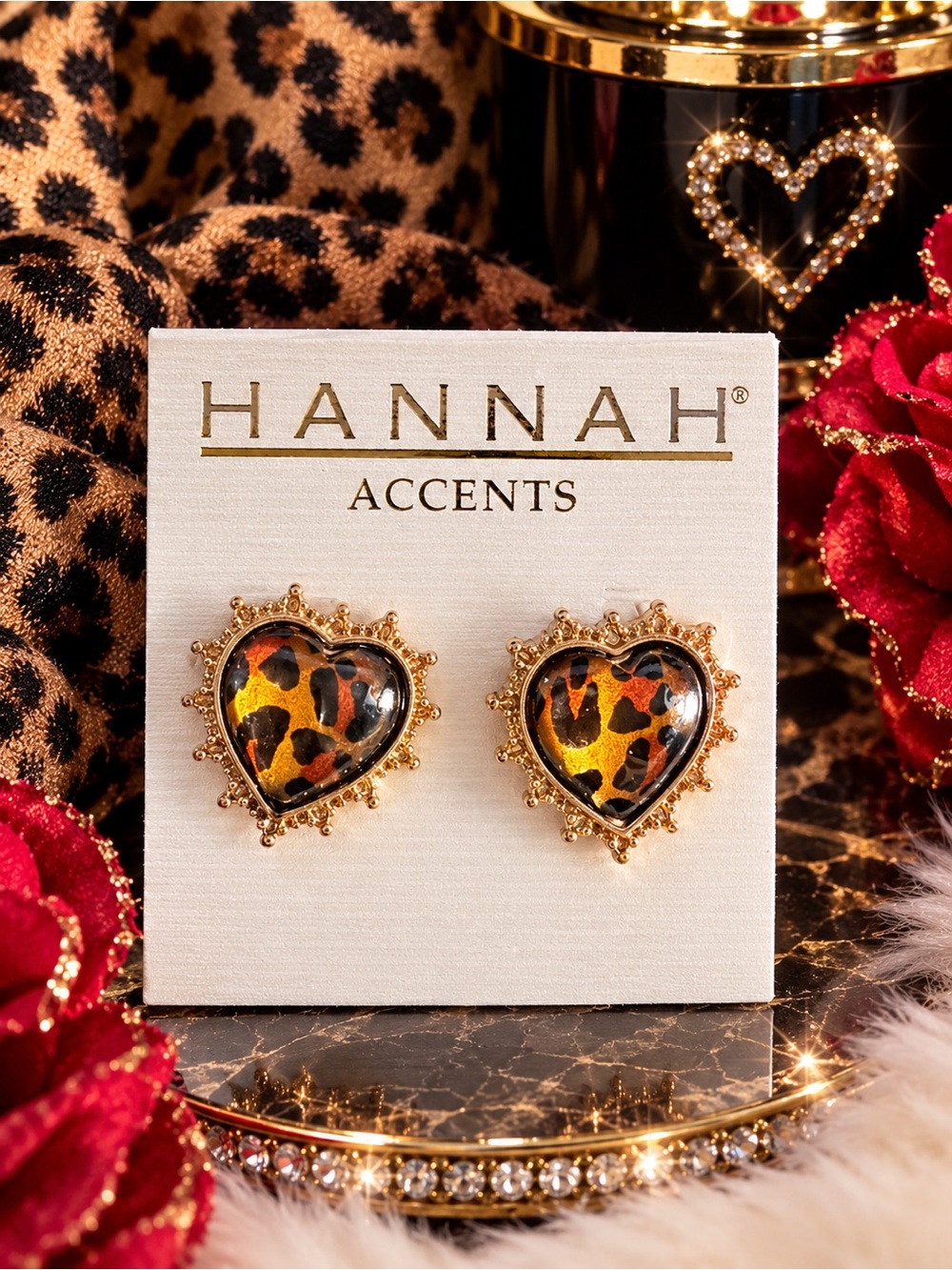 Leopard Heart Stud Earrings - Gold and Brown